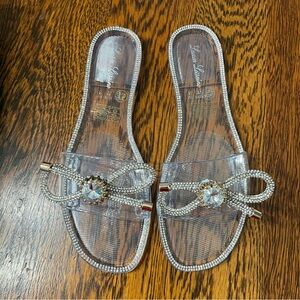 Lauren Lorraine BREEZE Clear Rhinestone Bow Flat Jelly Sandals Size 7.5
